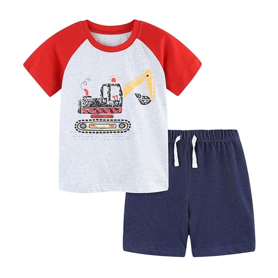 Toddler Boy Fall Outfits 2T Summer Short Cartoon Print Clothes Sets Cotton Crewneck Tees Shorts Beach Playwear Outfits Red,6-7Y