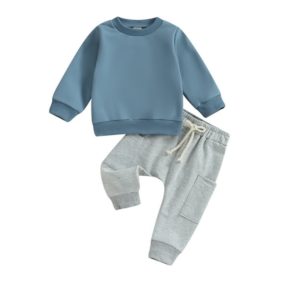 Toddler Boy Fall Outfits 6M 12M 18M 24M 3Y Solid Color Crew Neck Long Sleeve Sweatshirts and Long Pants 2Pcs Clothes Set