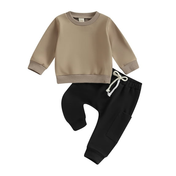 Toddler Boy Fall Outfits 6M 12M 18M 24M 3Y Solid Color Crew Neck Long Sleeve Sweatshirts and Long Pants 2Pcs Clothes Set
