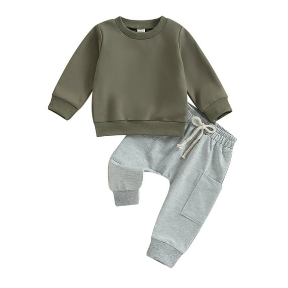 Toddler Boy Fall Outfits 6M 12M 18M 24M 3Y Solid Color Crew Neck Long Sleeve Sweatshirts and Long Pants 2Pcs Clothes Set