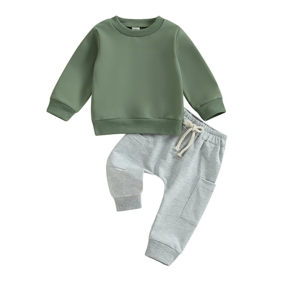 Toddler Boy Fall Outfits 6M 12M 18M 24M 3Y Solid Color Crew Neck Long Sleeve Sweatshirts and Long Pants 2Pcs Clothes Set