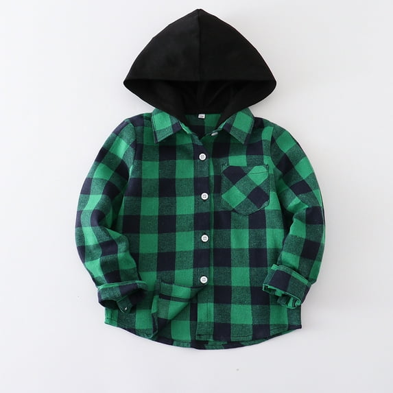 Toddler Boy Flannel Shirt Baby Long Sleeve Hooded Plaid Button Shirt Cliothes for 2-3T(Including White T-shirt)