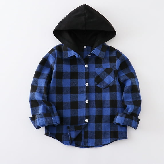 Toddler Boy Flannel Shirt Baby Long Sleeve Hooded Plaid Button Shirt for 18-24 Months