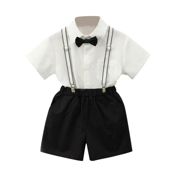 Toddler Boy Gentleman Outfit 4t British Summer 2 Piece Set Button Down Shirts Suspender Shorts Bowtie School Formal Clothes 2 Years, White
