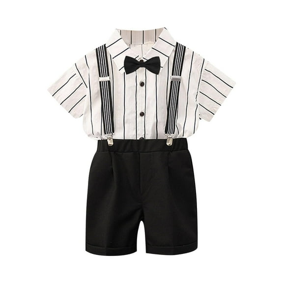 Toddler Boy Gentleman Outfit 4t Dresswear Summer 2 Piece Set Button Down Shirts Suspender Shorts Bowtie British School Formal 1 Years, White