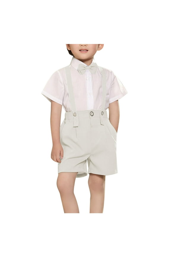 Toddler Boy Gentleman Outfit 4t Dresswear Summer 2 Piece Set Button Down Shirts Suspender Shorts Bowtie British School Formal 5-6 Years, White