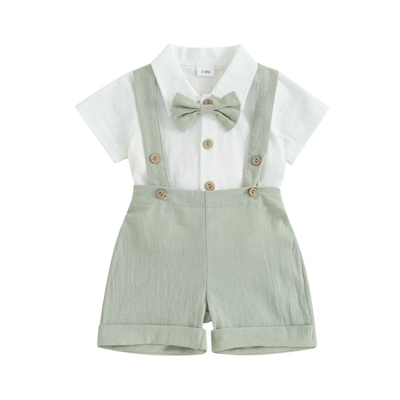 Toddler Boy Gentleman Outfit Solid Color Short Sleeves Romper with Bow Tie and Overalls Shorts Set for Formal Wear