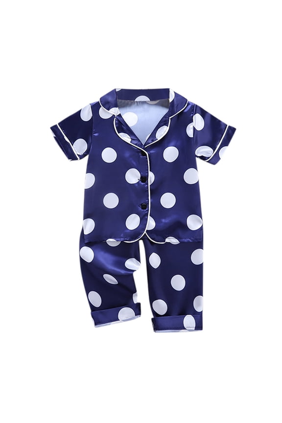 Toddler Boy Girl Pajamas Set Polka Dots Printing Button Down Short Sleeve Shirts and Pants 2 Piece Pj Set Comfy Unisex Baby Girl Sleepwear Navy 3-4 Years