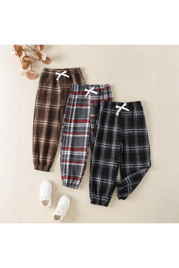 Toddler Boy Girl Plaid Flannel Pants 3 Pack Fleece Lined Thickened Leggings Fall Winter Elastic Waist Long Trousers Black 2 Years