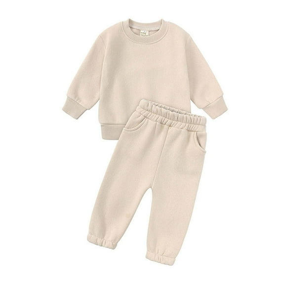 Toddler Boy Girl Sweatsuit fleece Clothes, kids fall Winter Solid Color Long Sleeve Pullover Sweatshirt with jogger Pants 2Pcs Outfits Sets Khaki 7-8Y