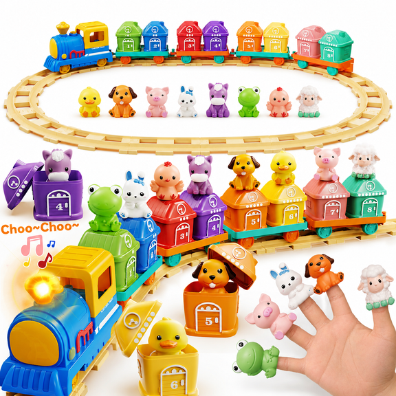 Einailvk Montessori Toys for Toddler 1 2 3, Toy Train Track Set with Music & Light, 8 Finger Puppets, Counting, Matching & Sorting Learning Toy