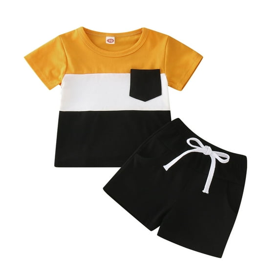 Toddler Boy Girls Short Sleeve Clothing Patchwork Pocket Tops Shorts Outfits Clothing Sets,Size 2 Years-3 Years