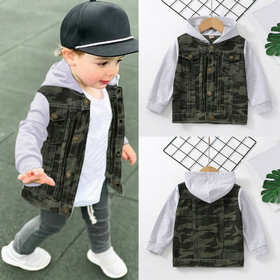 Toddler Jacket for Boys Camo Hooded Denim Jacket Casual Long Sleeve Jacket Toddler Boy Clothes Size 18-24 Months