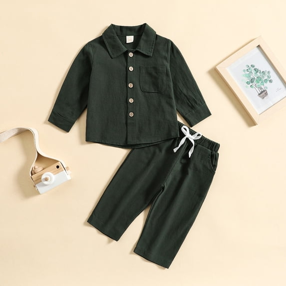 Toddler Boy Linen Set, Button Down Shirt & Pants Two-Piece, Long Sleeve Casual Matching Outfit For Boys Army Green 3-4 Years