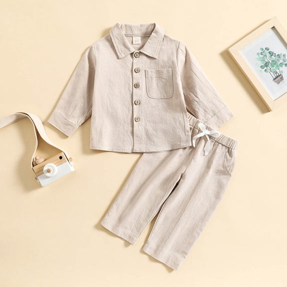 Toddler Boy Linen Set, Button Down Shirt & Pants Two-Piece, Long Sleeve Casual Matching Outfit For Boys Beige 5-6 Years