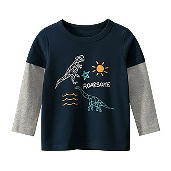Toddler Boy Long Sleeve Shirt Cartoon Print Long Sleeve Shirts for Boys Crew Neck Fashionable Preppy Tops Toddler To Little Kid Dark Blue,120