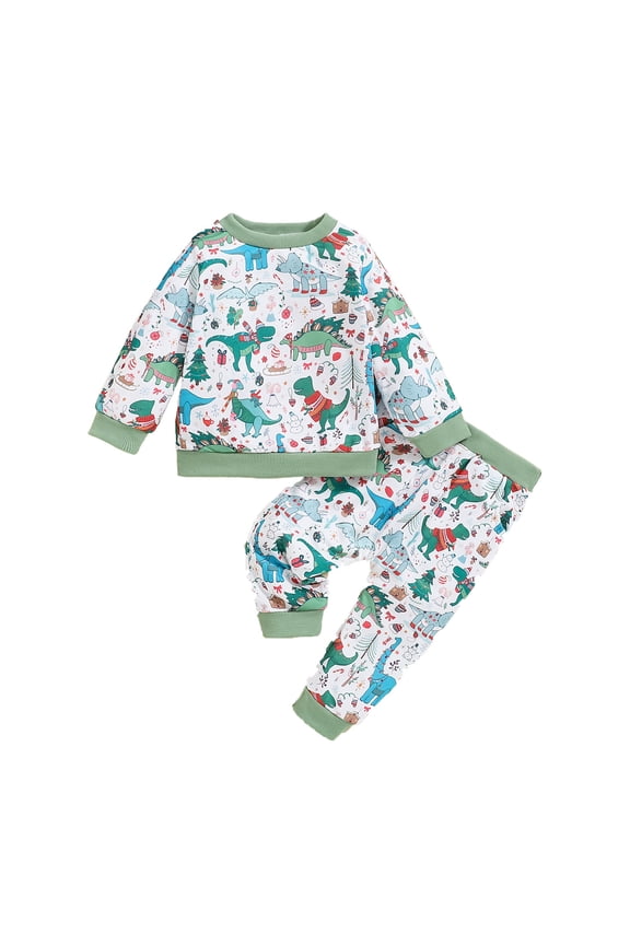 Toddler Boy Outfit Christmas Theme Clothing Dinosaur Print Long Sleeve Hoodie Pants Two Piece Set For Kids