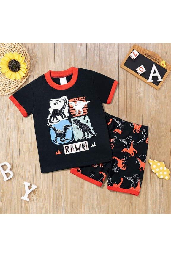 Toddler Boy Outfit Cozy Loose Dino Print Crew Short Sleeve Two Piece Kids Breathable Soft Summer Home Daily Casual Outfit Set
