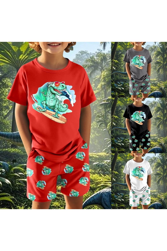 Toddler Boy Outfit Relaxed Cute Cartoon Dino Crew Short Sleeve Two Piece Kids Soft Breathable Daily Summer Home Outfit Set