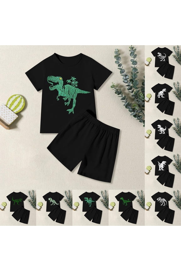 Toddler Boy Outfit School Outdoor Cartoon Dino Crew Short Sleeve Two Piece Kids Light Stretch Daily Casual Play Outfit Set