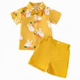 thumbnail image 1 of Toddler Boy Outfit Set with Bow Tie Easter Cartoon Print Button Down Shirt and Pocket Shorts Set for Summer, 1 of 6