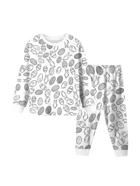Toddler Boy Outfit Sets Diy Easter Bunny Egg Print Long Sleeve Trousers Pajamas Boys Tracksuit,White,5T