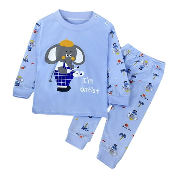 Toddler Boy Outfit Soft Outfits Cartoon Prints Long Sleeve Kid Loungewear Sets Baby Clothes Sky Blue 3 Months-6 Months