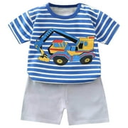 Toddler Boy Outfit Stripes Cartoon Car Pattern T Shirt Tops Shorts Baby Boy Clothes Q 18 Months-24 Months
