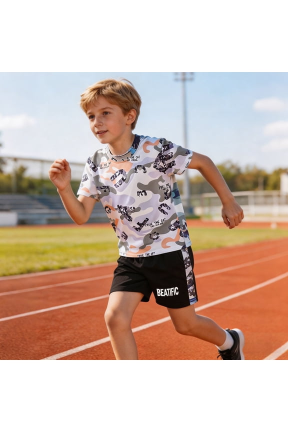 Toddler Boy Outfit Unique Print Camo Pattern Crew Short Sleeve Two Piece Kids Active Sports Daily Outfit Set