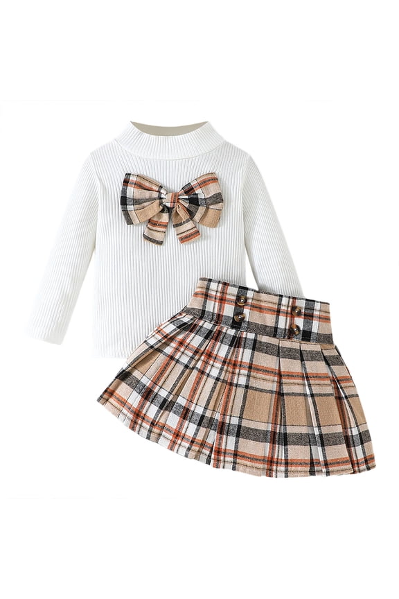 Toddler Boy Outfits 2-3 Years Bubble Long Sleeve Plaid Printed Bow Skirt Two Piece Daily Loose Comfortable Trendy Delicate Khaki Clothing Sets
