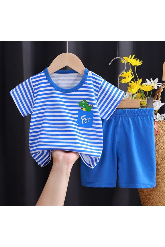 Toddler Boy Outfits 2 Piece Striped Print Crew Neck Short Sleeve Lightweight T Shirt And Shorts for Everyday Boys' Clothing Sets Blue 2 Years-3 Years