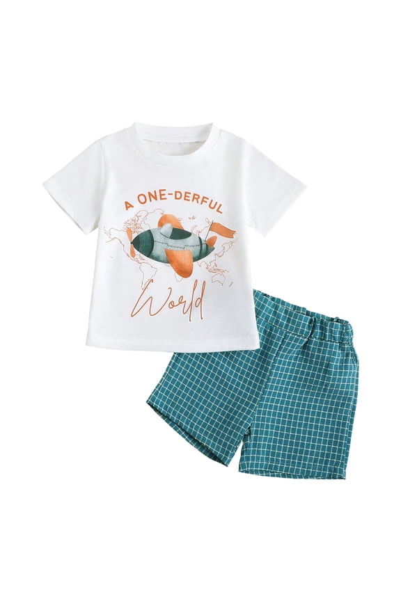 Toddler Boy Outfits Airplane Print Short Sleeve T-Shirt with Plaid Shorts Clothing Sets Casual Clothes 2 Piece