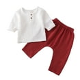 thumbnail image 1 of Toddler Boy Outfits Boys Girls Solid Long Sleeve Linen Crewneck Tshirt Tops Pants Set Baby Clothes Red 6-12Months, 1 of 2