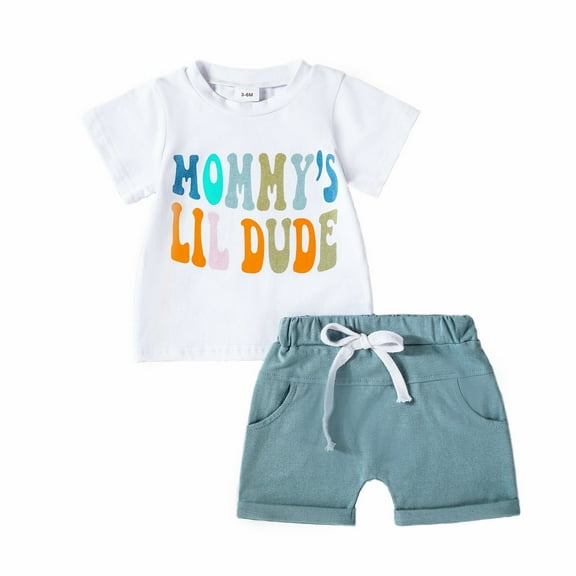 Toddler Boy Outfits Boys Short Sleeve Letter Prints T Shirt Tops Shorts Set Baby Clothes Boy Blue 6 Months-12 Months