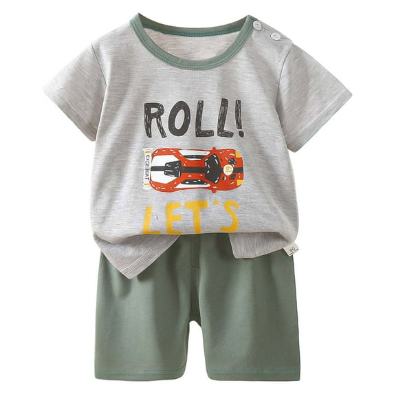 Toddler Boy Outfits Boys Summer Casual Cartoon Print Short Sleeve Tshirt Tops Shorts Set Toddler Boy Clothes Grey 12-18Months
