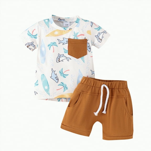 Toddler Boy Outfits Clothes Kids Summer Cotton Solid Printed Sleeveless Beach 3 6 12 18 24 Months 3T Tops Shorts Baby Outfit Set 2-Piece