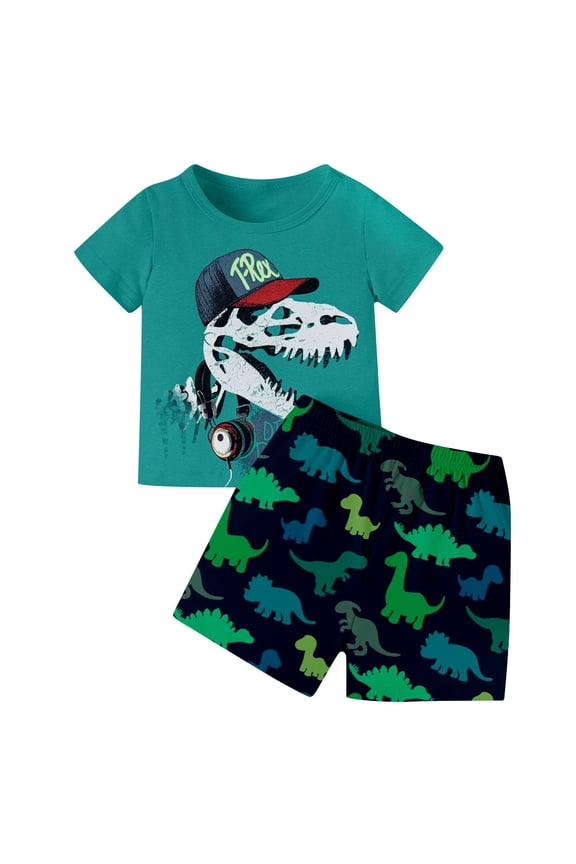 Toddler Boy Outfits Dino Themed Cute Print Crew Short Sleeve Two Piece Kids Light Soft Summer Daily Play Outfit Set