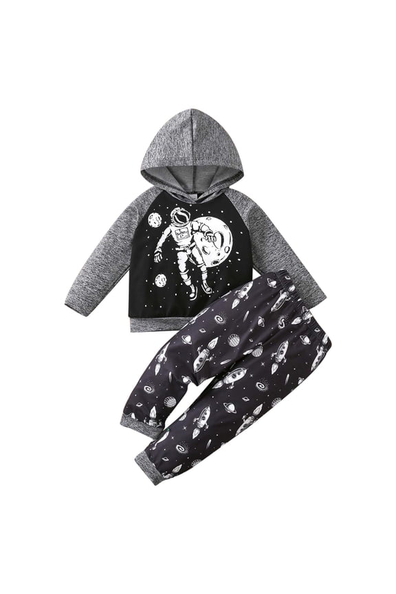 Toddler Boy Outfits Fall Long Sleeve Cartoon Space Astronaut Prints Hooded Tops Pants Two Piece Casual Sports Outfits Set Kids Clothes Fall Winter Outfit,Size 3 Years-4 Years
