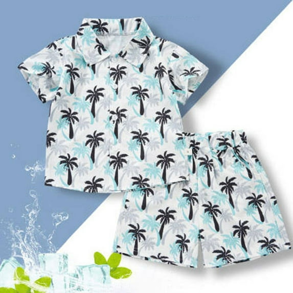 Toddler Boy Outfits Hawaiian Style Toddler Kids Boys Tropical Print Shirt and Elastic Waist Shorts Set for Beach Vacation Baby Boy Outfits Light Blue 3 Years-4 Years