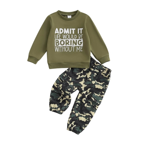 Toddler Boy Outfits Humor Graphic Pullover and Camo Pants Set 2 Piece Cute Sweatsuit Clothes for Fall Winter 12 Months-6 Years