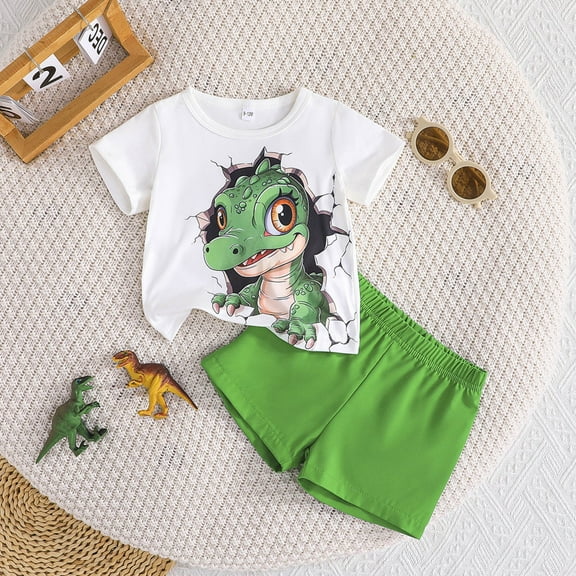 Toddler Boy Outfits Kids Baby Boys Summer Cartoon Dinosaur Print Lightweight Breathable Soft Top and Shorts 2 Piece Set Outfit Boy Green 6 Months-9 Months