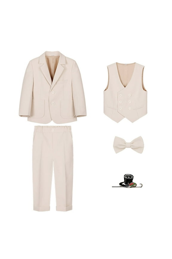Toddler Boy Outfits Kids Formal Long Sleeve Solid Suit Coat Pants Vest Bow Tie 5Pcs Set Baby Clothes Beige 5-6Years