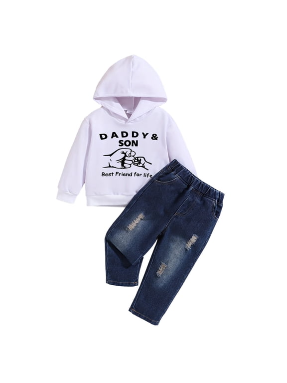 Toddler Boy Outfits Size 1-2Y Hooded Long Sleeve Simple Letter Sweatshirt with Denim Pants Kids Loose 2 Piece Set Boy Clothes
