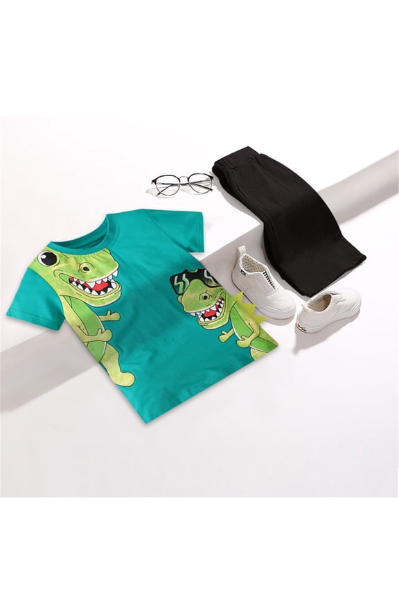 Toddler Boy Outfits Size 7-8Y Crew Short Sleeve Dino Print Top with Shorts Kids Summer Holiday Beach Set Toddler Boy Clothes