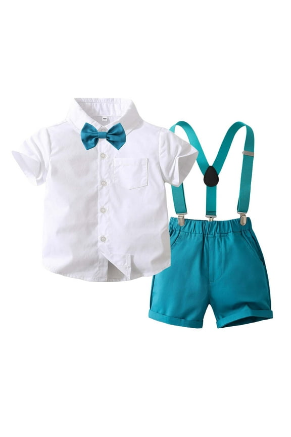 Toddler Boy Outfits Stage Party Short Sleeve Solid Lapel Shirt Suspenders Shorts Gentleman Set Baby Clothes Blue 2-3Years
