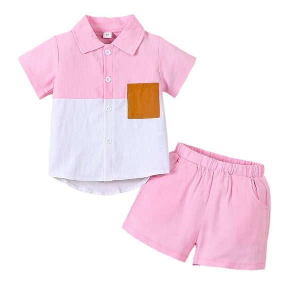 Toddler Boy Outfits Summer Short Sleeve Color Block Casual Button Down Shirt Shorts Set Baby Clothes Boy Pink 2-3Years