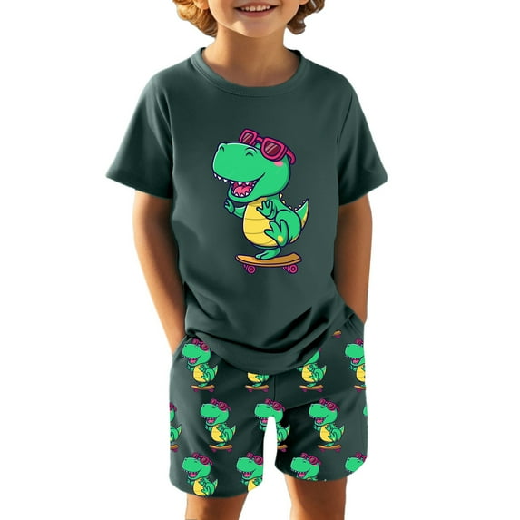 Toddler Boy Outfits Toddler Kids Boys Summer Dinosaur Print Outfit Cotton Breathable Soft Casual Play Clothes Pajama Baby Boy Outfits Dark Green 4 Years-5 Years