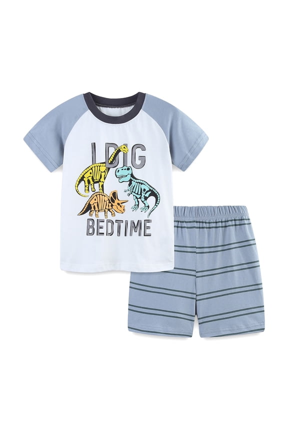 Toddler Boy Outfits Trendy Cartoon Dino Print Crew Short Sleeve Two Piece Kids Breathable Stretch Summer Outdoor Active Outfit Set