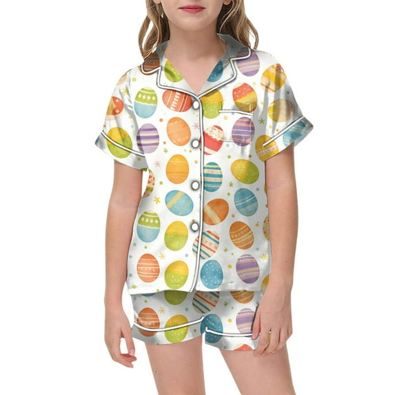 Toddler Boy Pajamas Kids Easter Pajamas Bunny Printed Short Sleeve Button-Down Kids Nightwear Boys Pajama Set for Toddler Girls 6-7 Years
