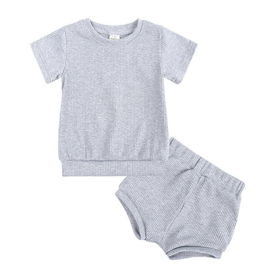 Toddler Girls Pajamas Set Cute Ribbed Soild Kids Pajamas Homewear Crewneck Shirts with Shorts Boys Pajamas 3-4 Years